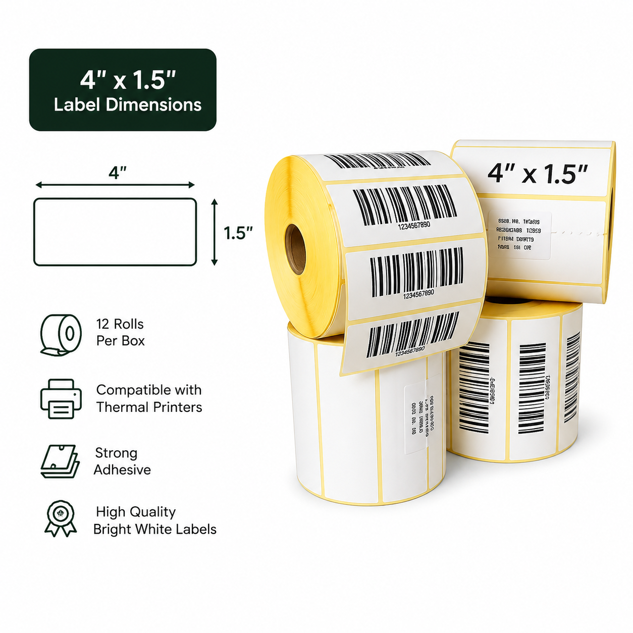 4" x 1.5" label stock with barcode labels; shows 12 rolls per box and features: thermal printer compatibility, strong adhesive, bright white labels.