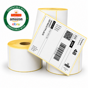 Rolls of white shipping labels with a sample label and a green badge reading 'Compatible with Amazon, Royal Mail, eBay' 4 x 6 direct thermal labels product photo