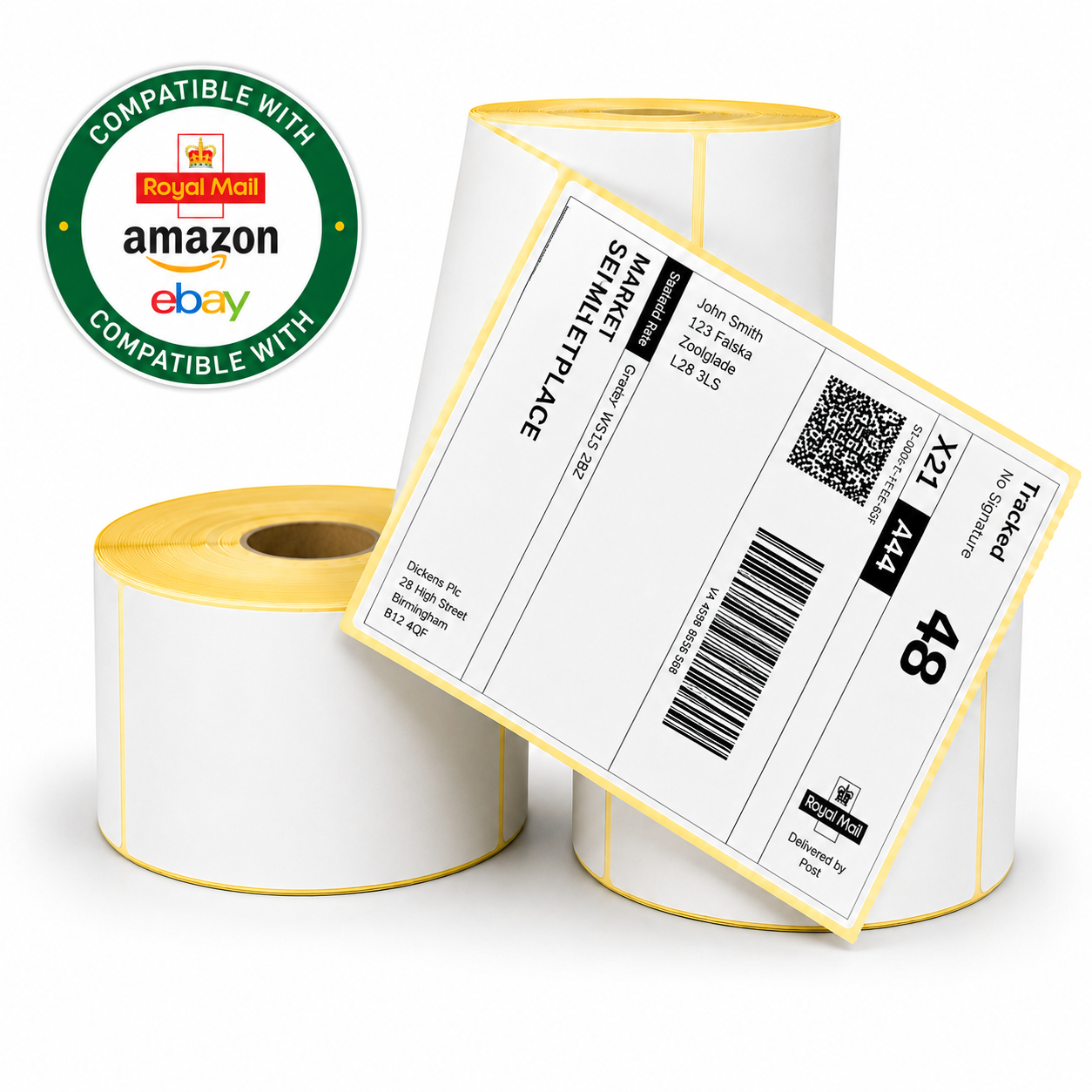 Rolls of white shipping labels with a sample label and a green badge reading 'Compatible with Amazon, Royal Mail, eBay' 4 x 6 direct thermal labels product photo