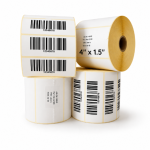 Stack of label rolls with printed barcodes ready for label printing. Includes a 4" x 1.5" label on the large roll, and several barcode sheets nearby.4 x 1.5 thermal transfer labels product photo