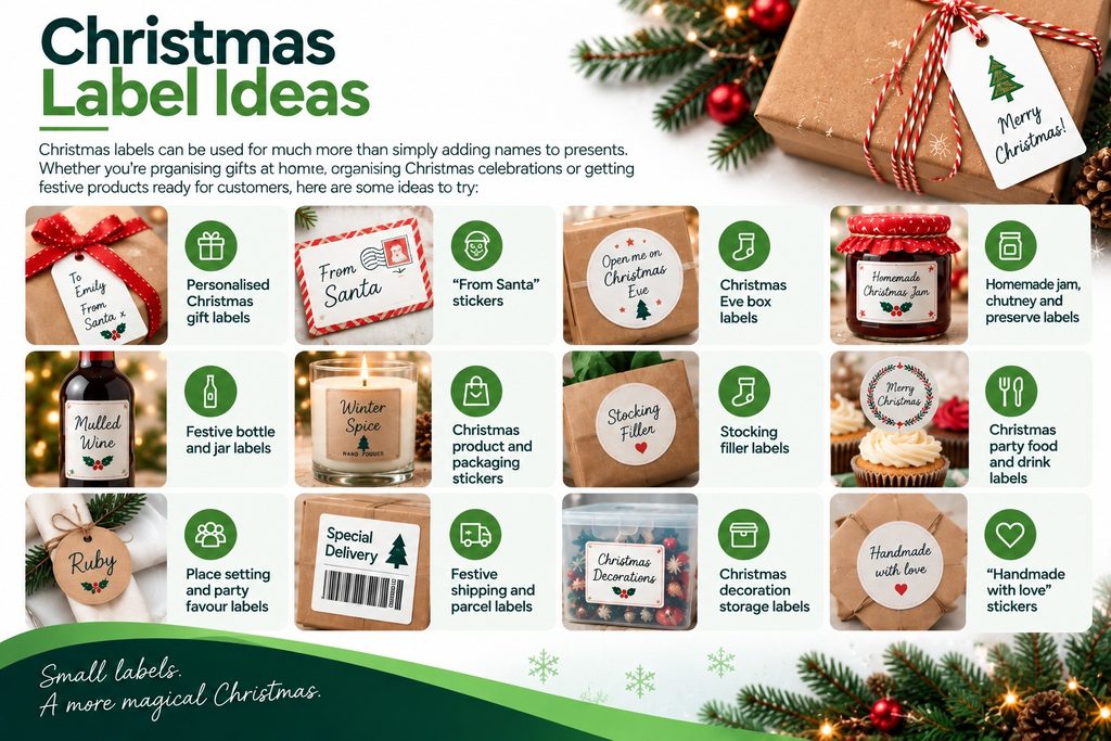 Christmas label ideas such as storage box labels, Christmas party food labels, festive jar labels and more.
