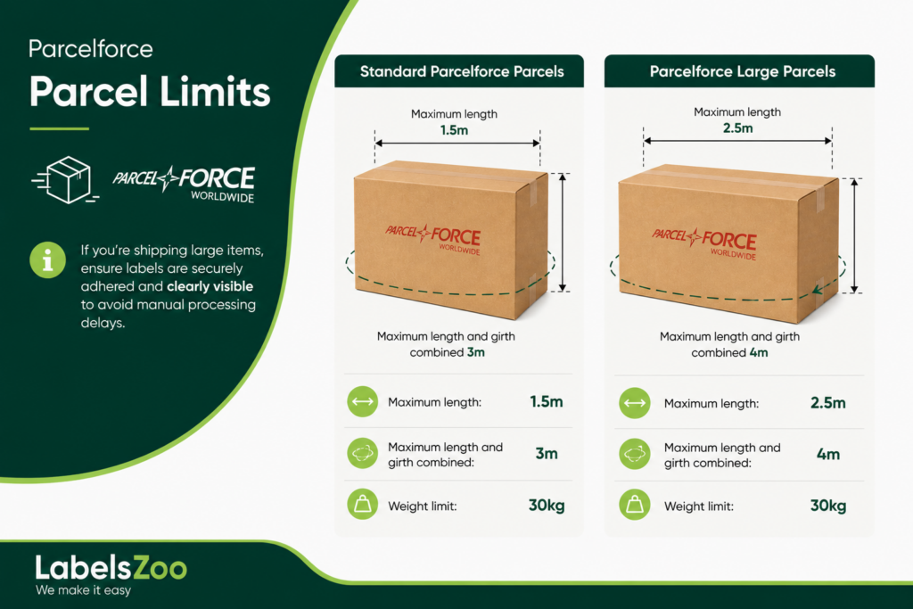 Infographic of ParcelForce parcel limits: Standard max length 1.5m, total 3m; Large max length 2.5m, total 4m; weight 30kg.