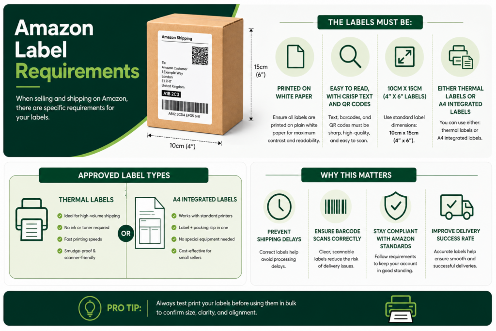 Infographic about Amazon label requirements: packaging box, label specs, approved label types, and why compliance matters.