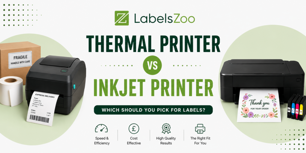 Banner comparing thermal printer vs inkjet printer with LabelsZoo logo at top center; left shows a thermal printer, right shows an inkjet printer under a light green backdrop.