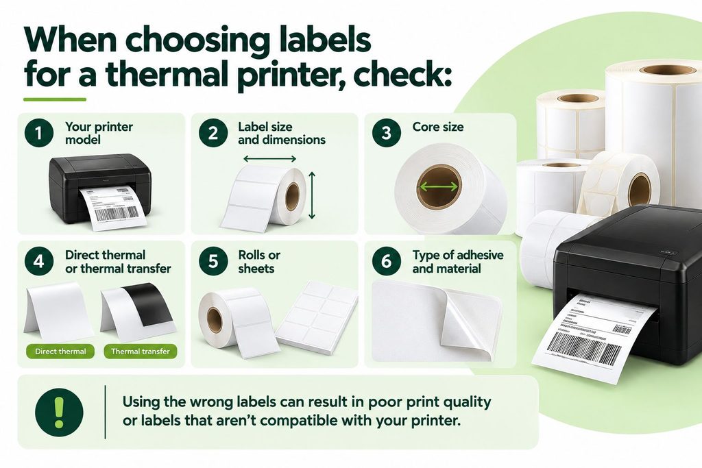 when choosing labels for a thermal printer, check your printer model, label size, core size, direct or transfer, rolls ro sheets, types of adhesive.
